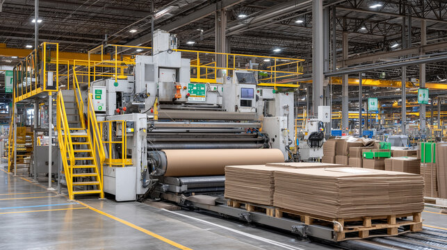 Cardboard manufacturing plant interior, massive steel machines churning through giant rolls of kraft paper, converted into uniform sheets ready for folding and packaging
