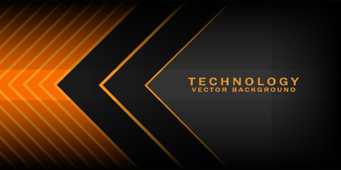 Abstract 3D black technology background overlap layers on dark space with orange light effect decoration. Modern graphic design template elements for poster, flyer, brochure, or banner
