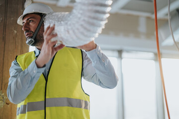 A construction worker wearing safety gear adjusts a ventilation duct inside a modern construction...