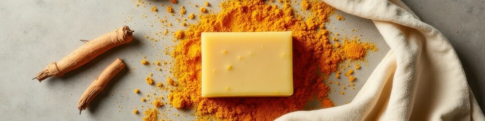 Close-up of turmeric soap with powder and cloth on textured surface