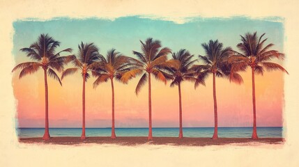 A row of tall palm trees swaying in ocean breeze against pastel sunset sky, isolated on white background