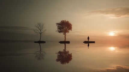 Symbolic journey of resilience and healing at dawn with trees and a lone figure by the water