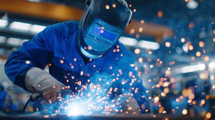 Close-up of a skilled worker welding a steel beam, helmet visor glowing from arc light, intense blue flame erupting as metal fuses, sparks flying in all directions in a dramatic fa