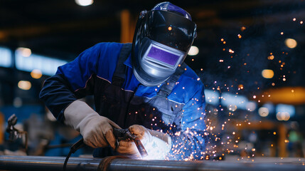 Male welder bends over steel pipe in a workshop, welding torch shooting radiant sparks, background darkened with tools and machinery barely visible in the ambient light