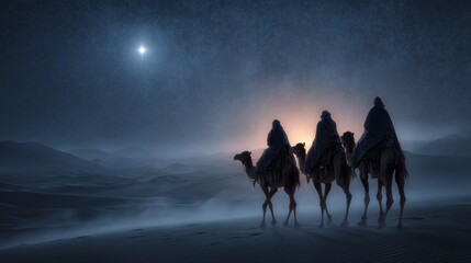 Three wise men journey through the desert at night on camels following a guiding star