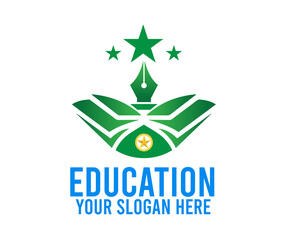 A logo for education featuring a book, pen, and stars in green and blue on white background