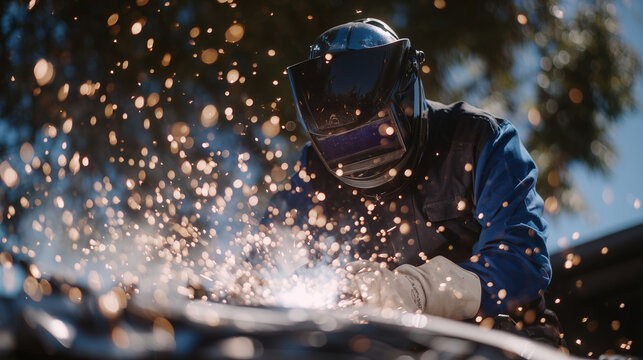 Welding torch flares in a mechanical workshop as the welder fuses steel under intense heat, bursts of light contrast with the deep metal shadows surrounding the scene