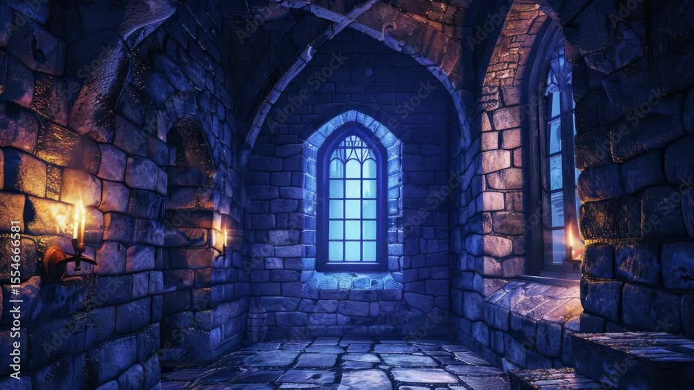 Poster A cozy dimly lit room with stone walls and a window, perfect for intimate scenes or mysterious settings