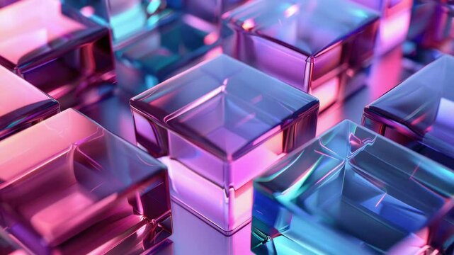 A stack of transparent glass cubes in different sizes and shapes, creating a geometric pattern