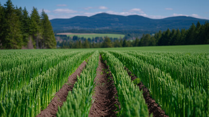 Naklejka premium A wide view of an asparagus field in early spring, evenly spaced rows of green stalks growing tall under a clear blue sky, framed by trees and distant hills