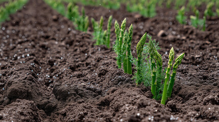 Macro shot of young asparagus spears pushing through tilled earth, their tips sharp and vibrant, tiny droplets of water clinging to the fresh, edible stalks