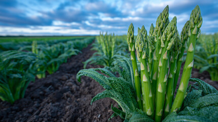 Springtime on a sustainable farm with asparagus plants in various stages of growth, soft sun filtering through light clouds, a tranquil and nourishing agricultural scene