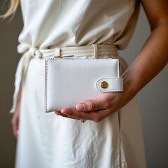 Woman Holding a Small Off White Leather Wallet