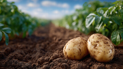 Close-up of earthy brown potatoes freshly harvested, dirt clinging to their skins, with lush green potato plants visible behind in a sunlit garden patch