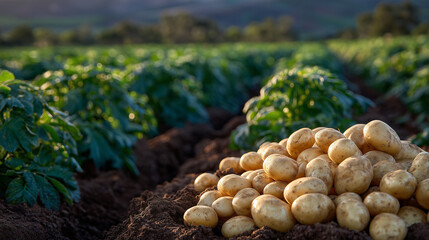 Fototapeta premium Freshly harvested organic potatoes resting in a pile amidst thriving green plants, warm afternoon light casting gentle shadows across the rustic field scene