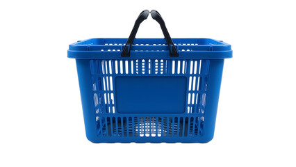 Blue plastic shopping basket with handles isolated on white for grocery store or retail use storage container on transparent background