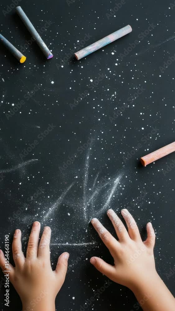 Aufkleber pupil's hands covered in chalk dust drawing stars on a blackboard with colorful chalk sticks scatter