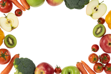 Fresh fruits and vibrant vegetables border a dark area, ideal for text, conveying health, wellness, and balanced nutrition with a transparent background.