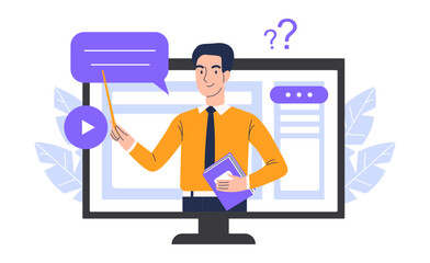 Online education on a computer. A man teacher conducts a lesson on a computer. Online learning concept. Vector illustration