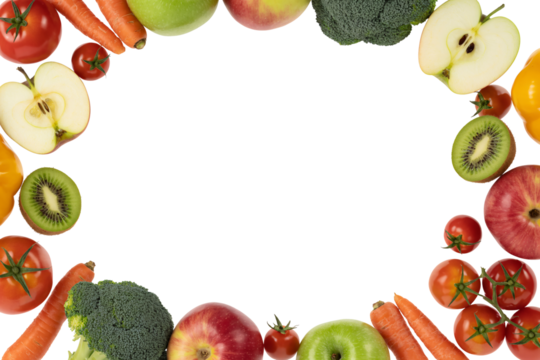 Fresh fruits and vibrant vegetables border a dark area, ideal for text, conveying health, wellness, and balanced nutrition with a transparent background.