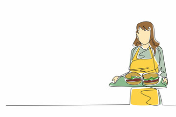 Single one line drawing the waitress wearing yellow apron, both hands holding a tray of burgers. Serving food in the school canteen. School Lunch Hero Day. Continuous line design graphic illustration