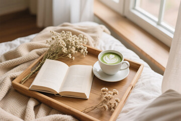 Top view of cozy self-care morning with matcha latte on wooden tray, open book, beige blanket and dried flowers, soft natural light and warm tones, photorealistic calm vibe
