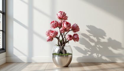 Naklejka premium Pink Artificial Flower Arrangement in Modern Glass and Metal Vase