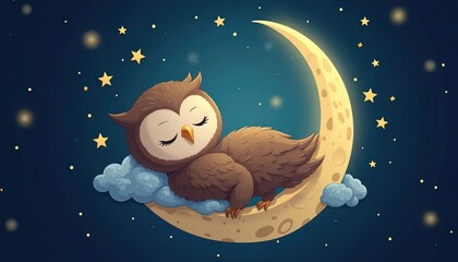 Cute owl sleeping on a crescent moon.