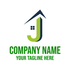 Logo featuring letter j with house roof and window above company name and tagline text