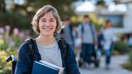 Smiling woman in wheelchair holding textbooks in a leafy college quad, surrounded by students walking past, warm natural light creating an inviting and supportive academic atmosphe
