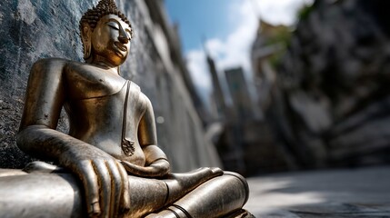 Golden Buddha statue in ancient temple setting