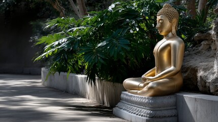 Golden Buddha statue in serene garden setting