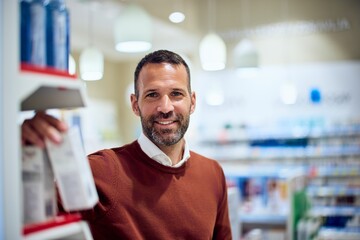 Fototapeta premium Smiling Man in Pharmacy with Shelf of Products in Focused Background