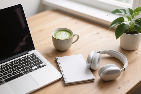 Flat lay of creative workspace with matcha latte in ceramic cup, open laptop, wireless headphones, notebook with handwritten to-do list, green plant, wooden desk and daylight
