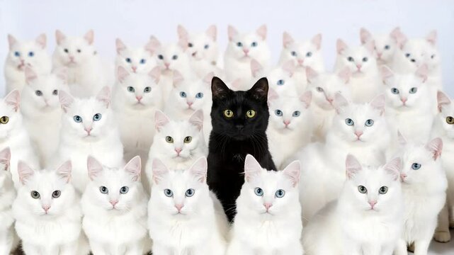 One black cat surrounded by many white cats with varied eye colors