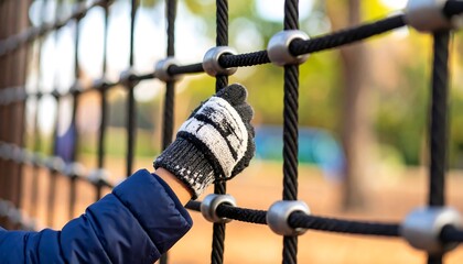 Obraz premium Close-up of a child's hand wearing gloves, touching a climbing net structure outdoors.