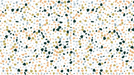 A seamless terrazzo pattern with various colored chips on a white background surface design style