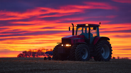 Fototapeta premium Tractor and plow captured in silhouette against a fiery sunset over a cornfield, the darkened machinery contrasting with vibrant sky colors and the textured field below