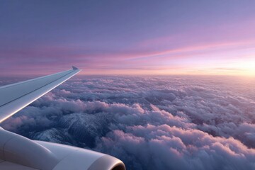 Obraz premium Airplane wing flying over snowy mountains at sunset