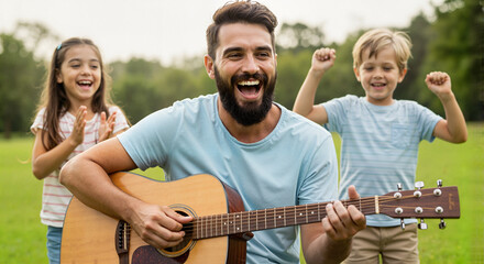 dad playing guitar with kids. Man playing guitar while children cheer and enjoy music outdoors  