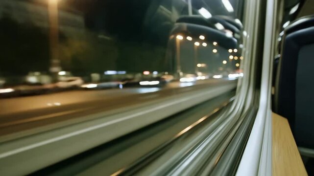 View from the window of a moving tram or train on a night city.  Traveling through a night metropolis. Blurred lights of cars and street lamps create a sense of speed and movement.