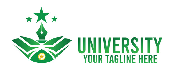 University logo with open book, pen and stars, representing education and knowledge, on white background
