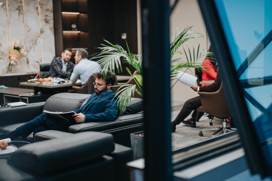 Corporate environment showcasing executives collaborating in a modern workspace, highlighting teamwork and professionalism with detailed indoor design. - Powered by Adobe