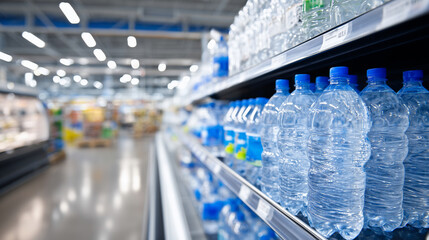 Retail drink aisle featuring multiple brands of bottled water in blue bottles, sparkling clear liquid inside, illuminated by clean white lighting to emphasize freshness and hydrati