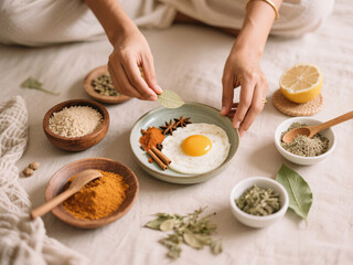 Flatlay of feminine hands preparing intuitive eating Ayurvedic breakfast with libido-supporting spices and herbs, cozy soft color palette, natural wellness and ritual focus