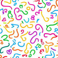 Obraz premium Colorful abstract squiggle seamless pattern with playful curved lines and shapes in bright primary and secondary colors on white background for kids design and decor