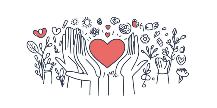 Hands holding heart and surrounded by plants and hearts doodle line art illustration representing care community love support and charity concept in flat minimalist style vector