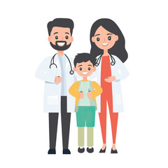Fototapeta premium Smiling male and female doctors with stethoscopes standing behind happy young boy in casual clothes healthcare medical professionals pediatric consultation vector