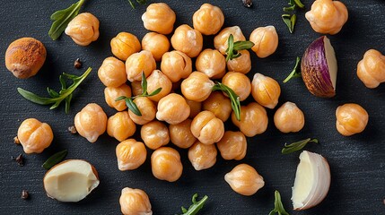 Golden chickpeas, herbs, and spices on a dark background