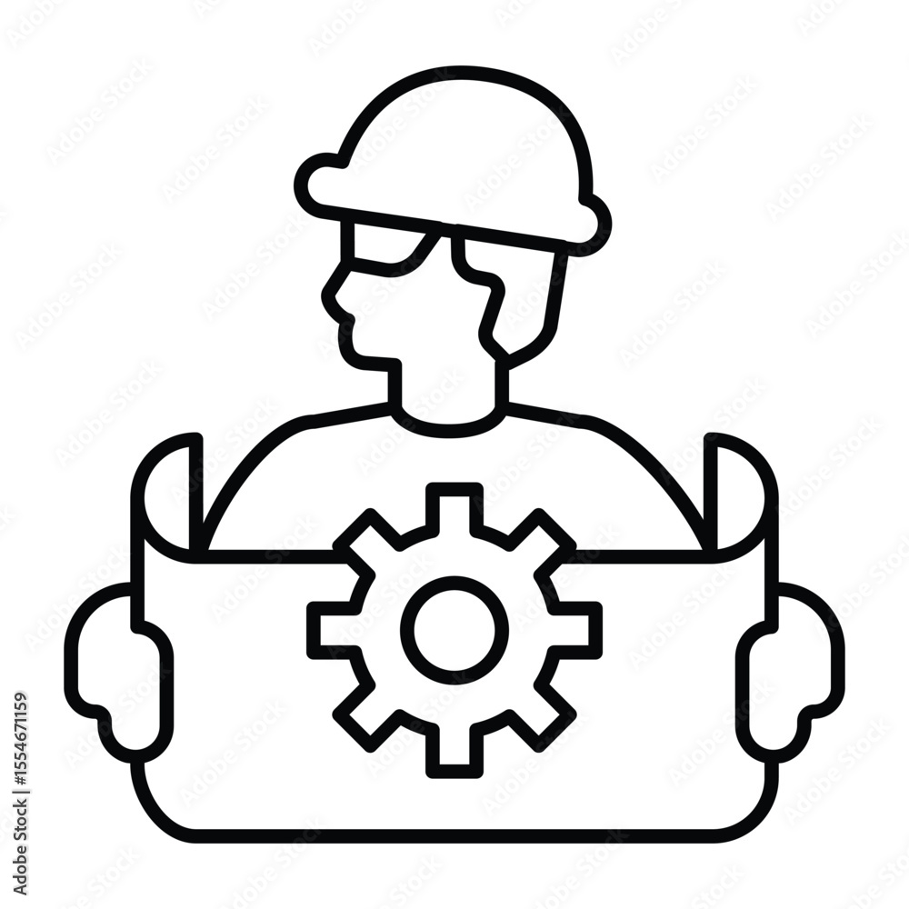 Poster engineer man with project and cogwheel thin line icon, neural dataset concept. vector graphics. deve